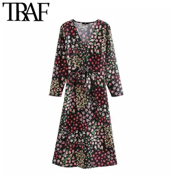 

TRAF Women Elegant Fashion Floral Print Bow Tie Sashes Midi Dress Vintage Long Sleeve Side Zipper Female Dresses Mujer