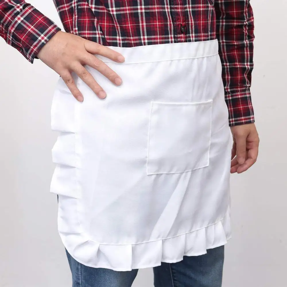 Cute Floral Short Waist Kitchen Apron Lace Half Waist Bib Maid Costume with Pocket Kitchen Party Favors for Women Waitress (Whit