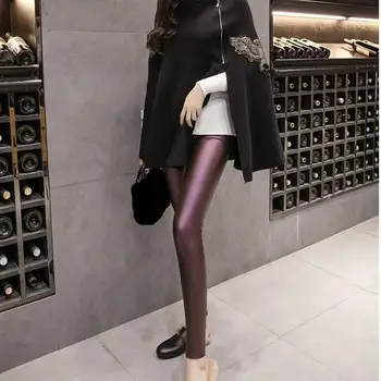 

2019 Women Elastic Pu Leather Velvet High Waist Leggings Girls Slim Pencil Pants Shinning Trousers