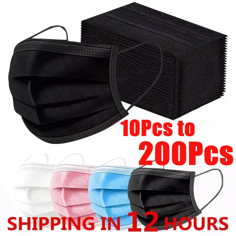 10-200pcs Mask Disposable Face Black Nonwove 3 Layers Mouth Filter Anti Dust Breathable Protective Adult Masks | Красота и здоровье