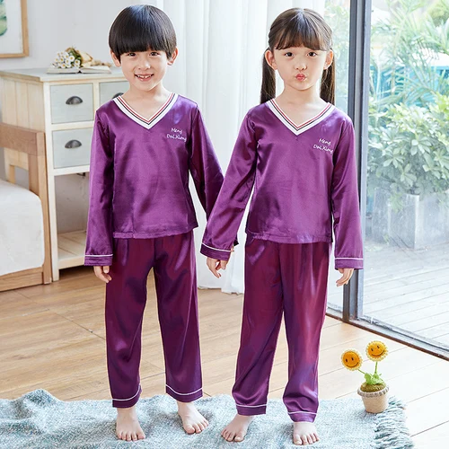 Пижамный комплект с v-образным вырезом и длинными рукавами для девочек и мальчиков, осенняя шелковая атласная пижама mujeer, детские пижамы, одежда для сна, костюм для детей 3-13 лет - Цвет: Vzi