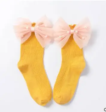 Короткие носки для малышей кружевные хлопковые носки принцессы с бантом для девочек, модная детская одежда кружевные носки принцессы с большим бантом украшение из органзы и жемчуга - Цвет: Yellow side bow