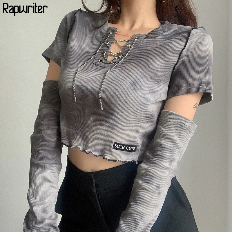 

Gothic Metal Chain Hollow Out Ruffles Tie Dye t shirt Women 2020 Fall Punk Cut Off Long Sleeve harajuku Crop Top Femme Rapwriter