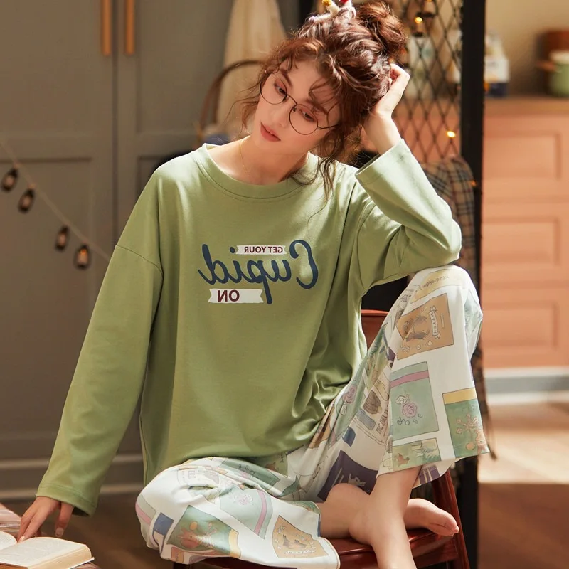 

Spring And Autumn Women's 6535 Knitted Cotton Long Sleeve Trousers Pullover Pajamas Suit Casual Pullover Tracksuit