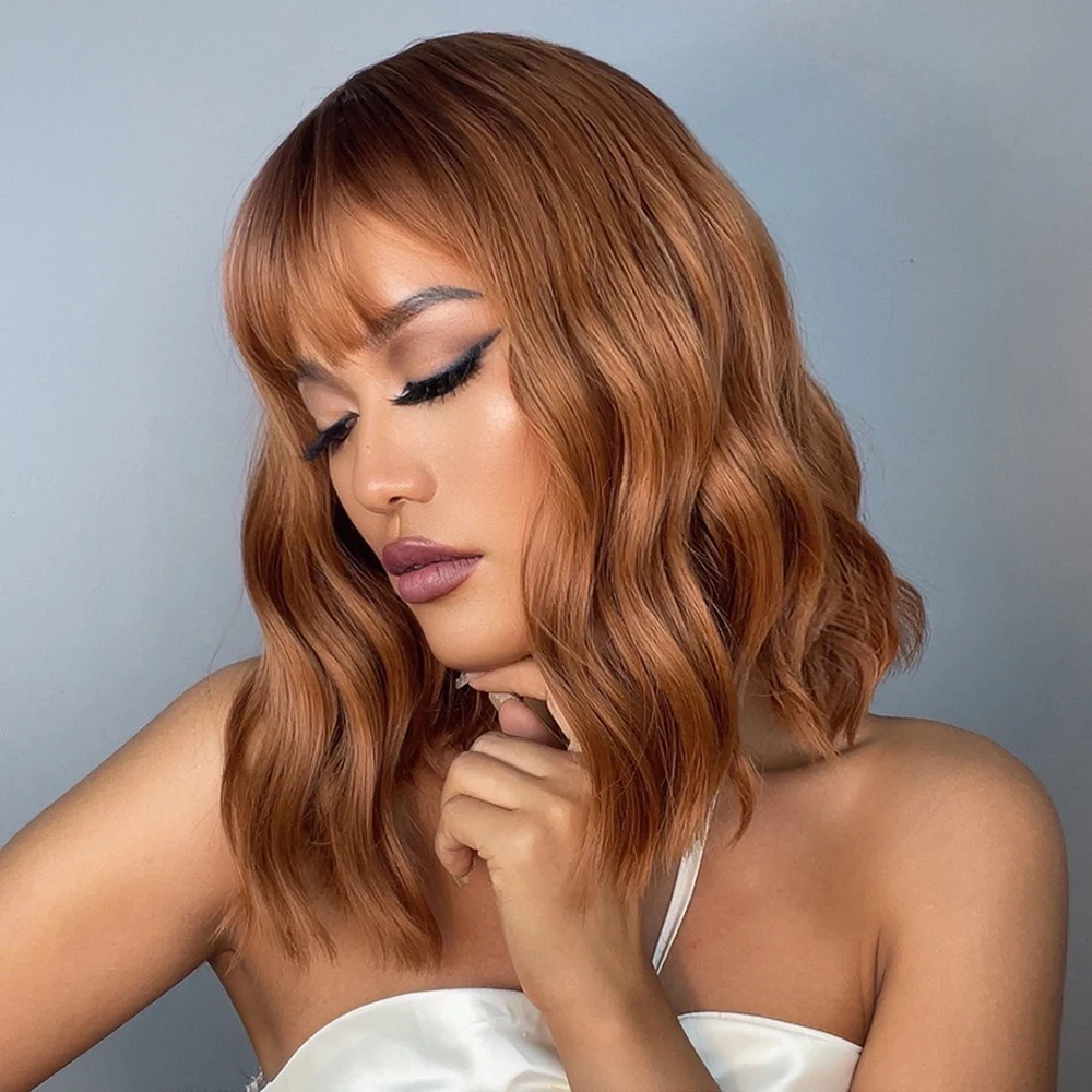 Sintéticas de Comprimento Ombre com Franja para Mulheres Resistentes ao Calor Perucas Médio Castanho Vermelho Naturais Ondulado Lolita Bonito Cosplay Cabelo 2 ombre com franja para mulheres naturais ondulado