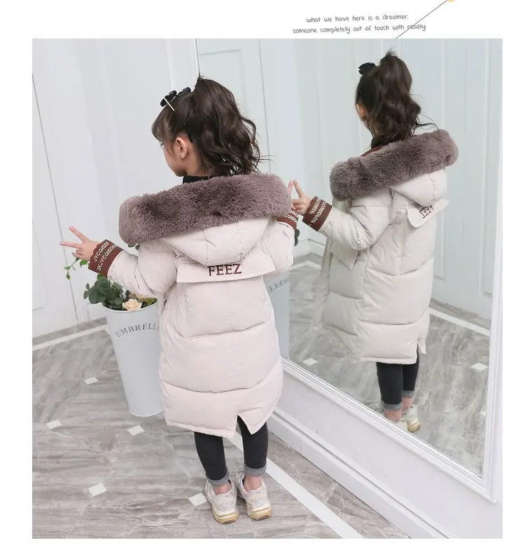 Модная детская зимняя куртка-пуховик Одежда для девочек детская одежда теплая Толстая парка длинные пальто с меховым воротником и капюшоном От 3 до 14 лет