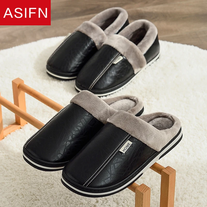 ASIFN-Men-Slippers-Indoor-PU-Leather-Winter-Waterproof-Warm-Home-Fur ...