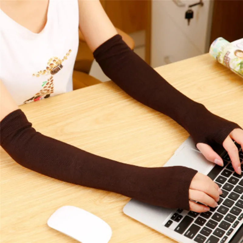 

Women Girls Knitted Fingerless Long Gloves Stripes Printed Over Elbow Length Winter Stretchy Arm Warmer Sleeves With Thumb Hole