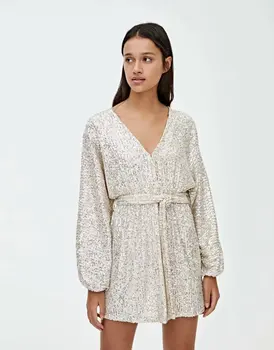 

2020 new Spring Summer European Waistband Silver Paillette zaraing women Mini Dress sheining vadiming female dress Xdn9326