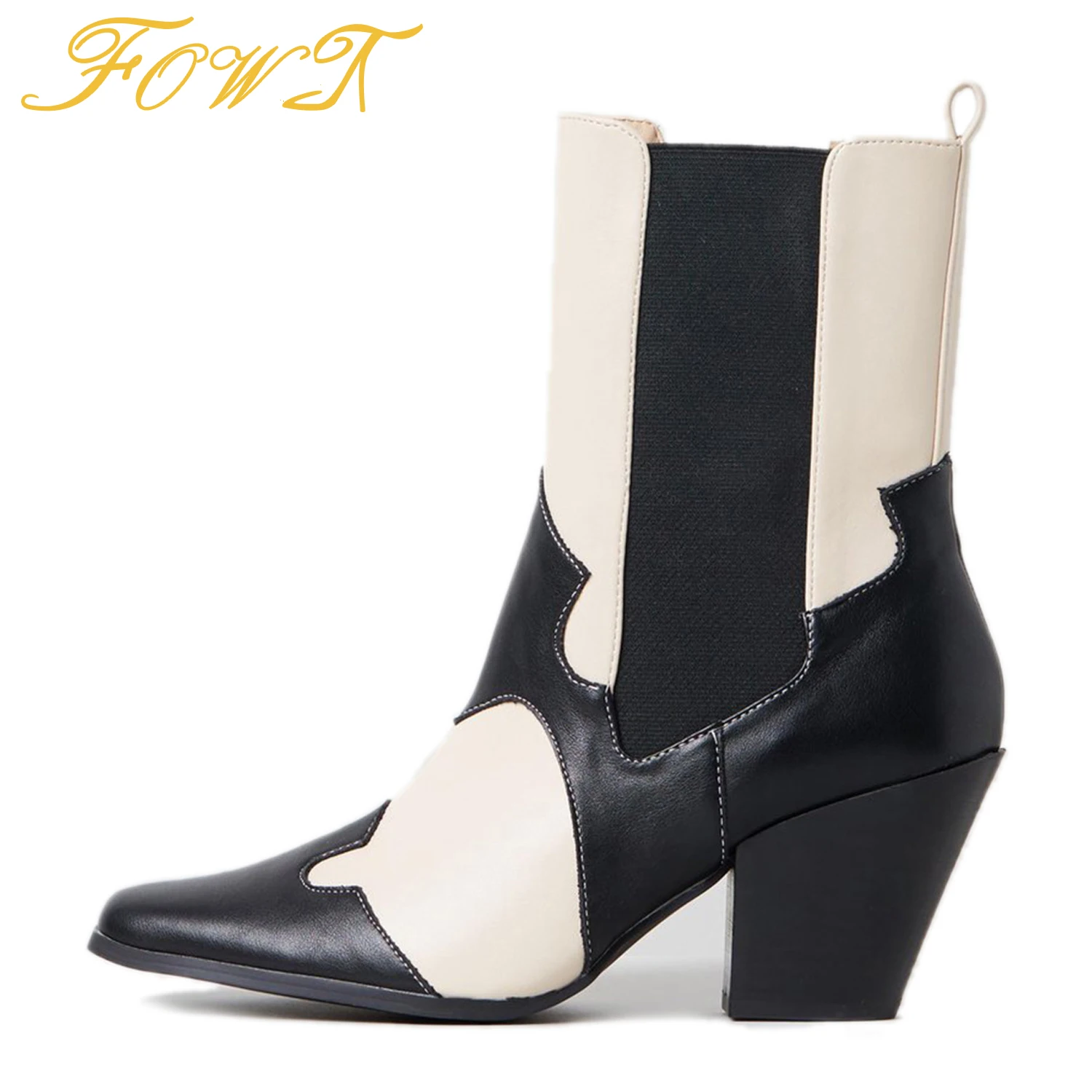 

Western Boots Cowgirl Square Toe High Chunky Heels Women Chelsea Ankle Booties Leather Ladies Dress Jeans Party Shoes Size 39 40