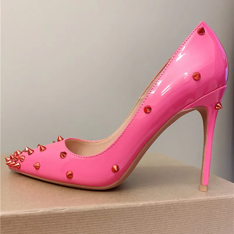 

Free shipping fashion sexy lady pink spikes point toe high heels pumps party shoes wedding shoes big size 44 12cm 10cm 8cm