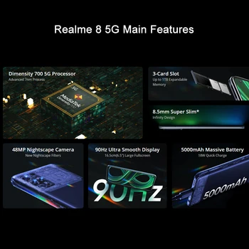 [World Premiere In Stock] Global Version Realme 8 5G Smartphones 6.5'' Dimensity 700 5G 48MP Camera 5000mAh 6GB 128GB Cellphones 2