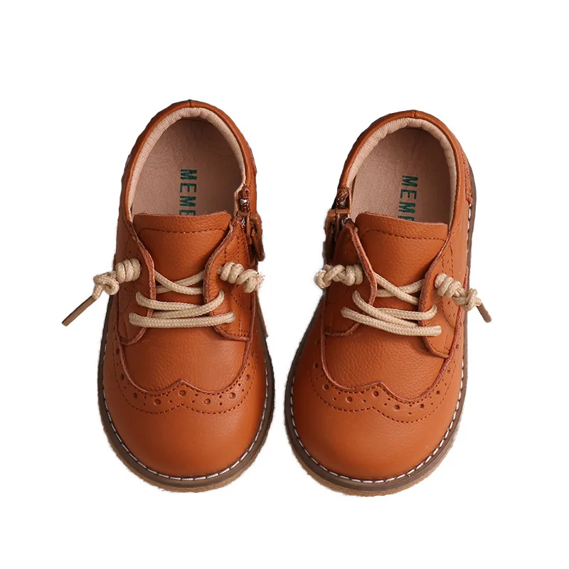 new fall children genuine leather shoes boys girls retro single shoes baby tendon soft bottom anti-slip full cowhide shoes