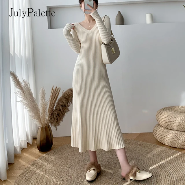 JulyPalette Solid Knitted Dress 2021 Fall Winter V-neck Slim Long Sleeve Dress Elegant Ladies Black Midi-length Sweater Dresses 2