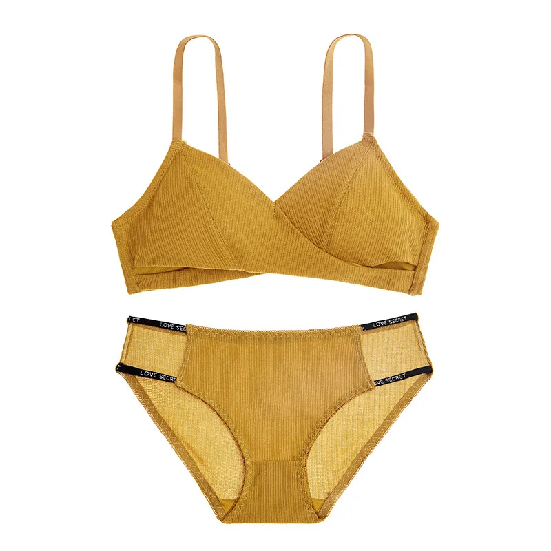 Yellow Set Японское простое сексуальное треугольное нижнее белье, хлопковый ультра-тонкий Комплект бюстгальтеров с резьбой, перекрещивающиеся бюстгальтеры пуш-ап, удобное женское нижнее белье - Цвет: Yellow Set