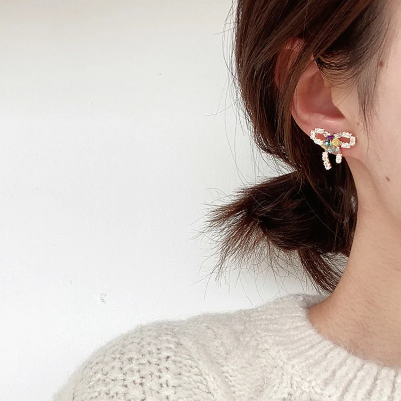 2020 New Korean earring Sweet Crystal Bowknot Zircon Stud Earrings For Women Girls Cute Boucle D'oreille Jewelry Accessories