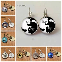 Стеклянные черные и белые серьги с двумя котами женские модные серьги, индивидуальный заказ / новые ювелирные изделия серебро/бронза