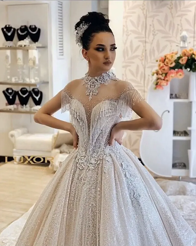 BacklakeGirls/Новинка года; стильные свадебные платья из вуали с высоким воротом и короткими рукавами; бальное платье с украшением в виде кристаллов; свадебное платье