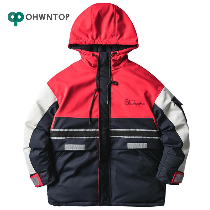 

Hip Hop Jacket Parkas Winter Cargo Parkas Men Contrast Color Hooded Outwear Winter Patchwork Pocket Windbreaker Warm Outwear Men