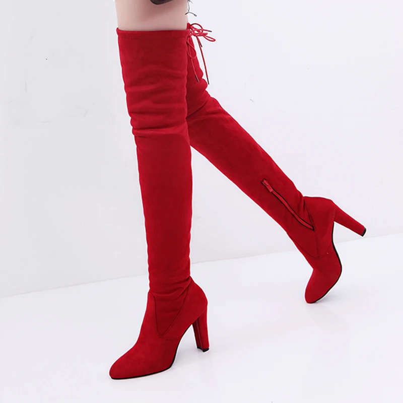 

2019 New Women Stretch Suede Thigh High Boots Women Winter Sexy Fashion Black Grey Red Over The Knee Boots High Heel Boots Shoes