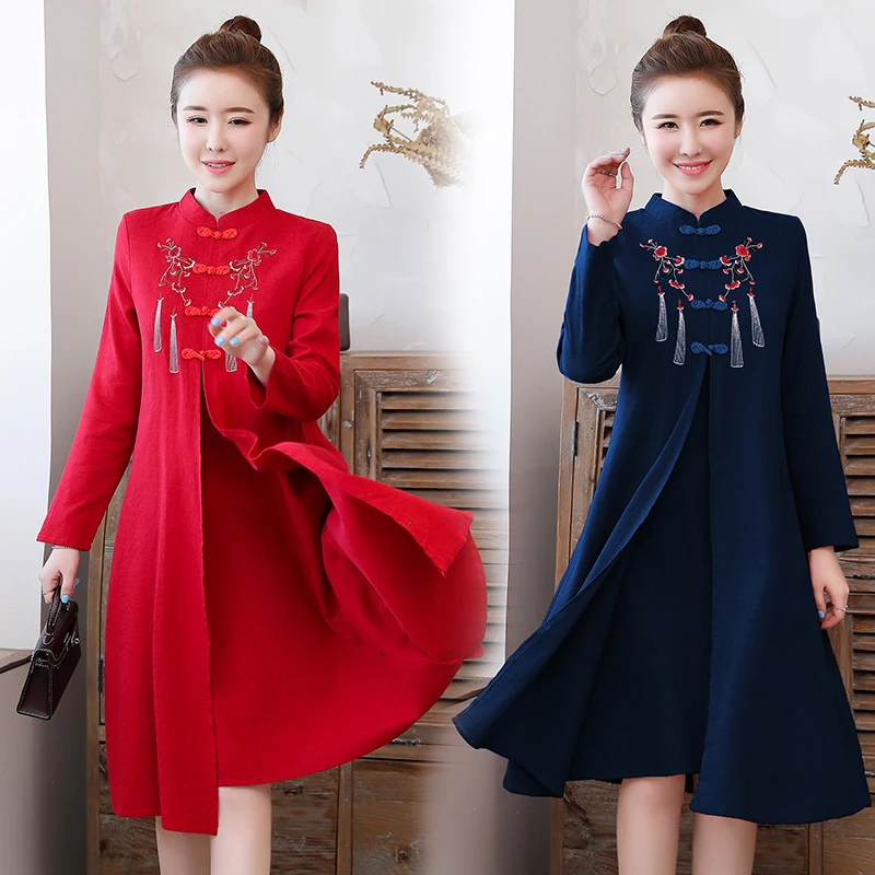 womens plus size M-4XL embroidery dress cheongsam XXL XXXL 3XL XXXXL long sleeves 2022 autumn Embroidered flower dresses clothes