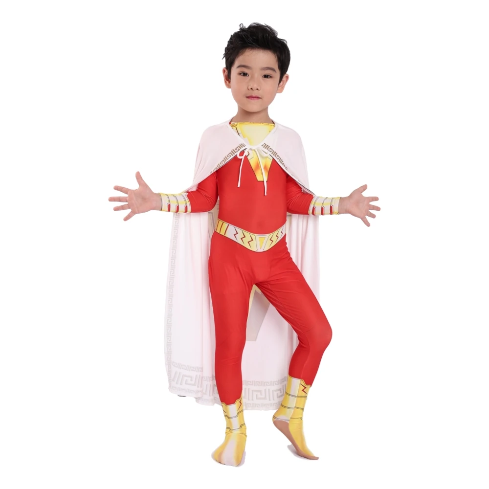 

Captain Marvel Costume Shazam Billy Costumes Billy Batson Costume Cloak Suit with Brooch Superhero Bodysuit Halloween Costume
