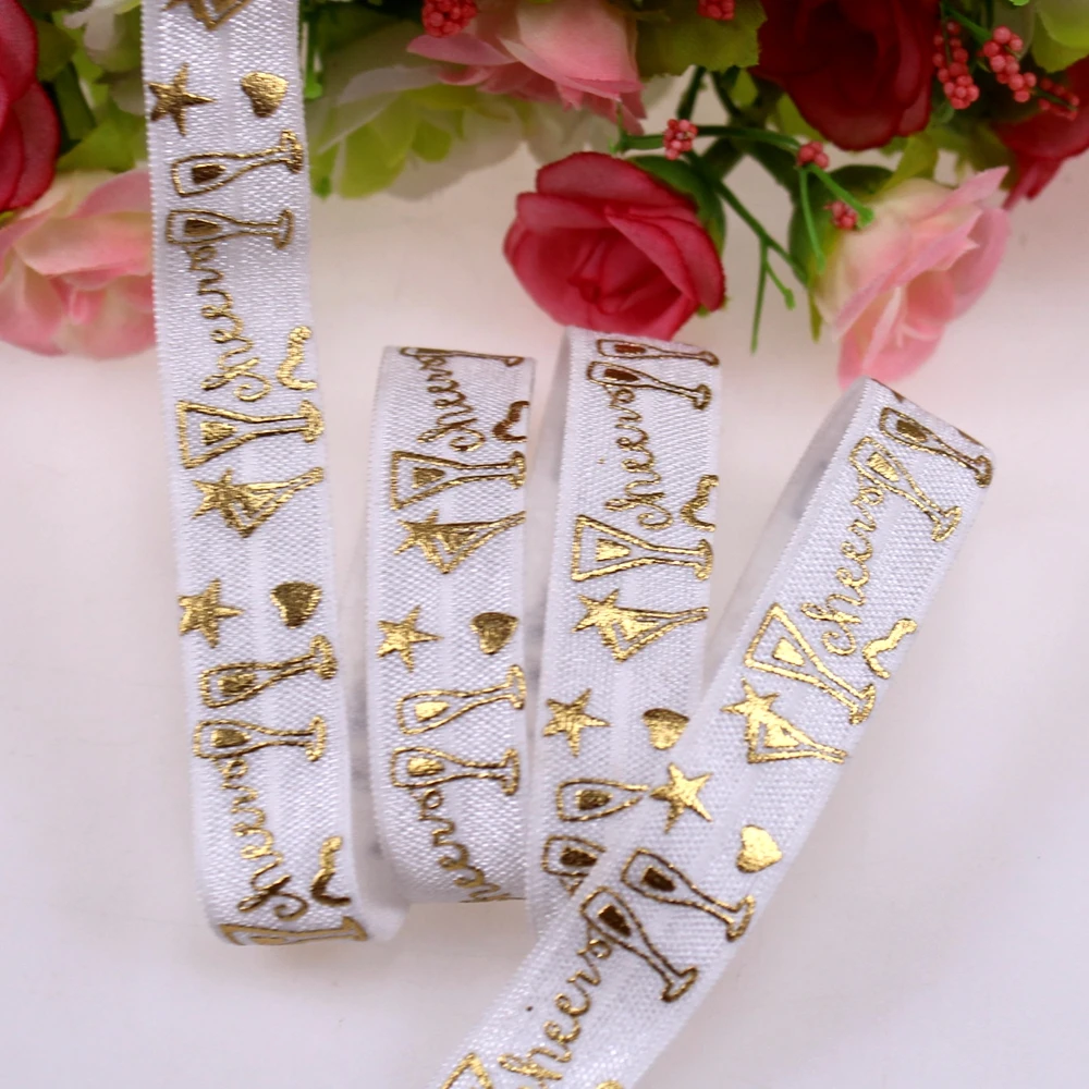 

5/8'' 15mm Gold Foil Cup Cheers Printed 029 White Color FOE Fold Over Elastic Ribbon For Hair Bows 100Yards