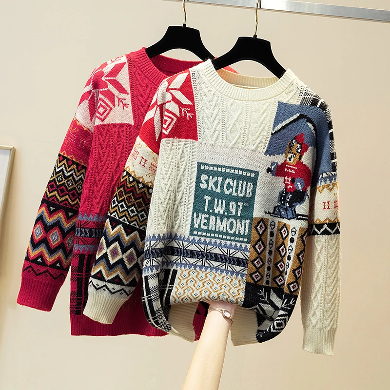 

L-2XL Women's Padded Tops Sweater Knitwear Thick Warm Personalized Sweater Casual Pulloverer Round Neck Jumpers