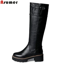 Новое поступление; сапоги для верховой езды из искусственной и натуральной кожи; зимние сапоги до колена на меху на среднем квадратном каблуке и платформе; женские мотоботы