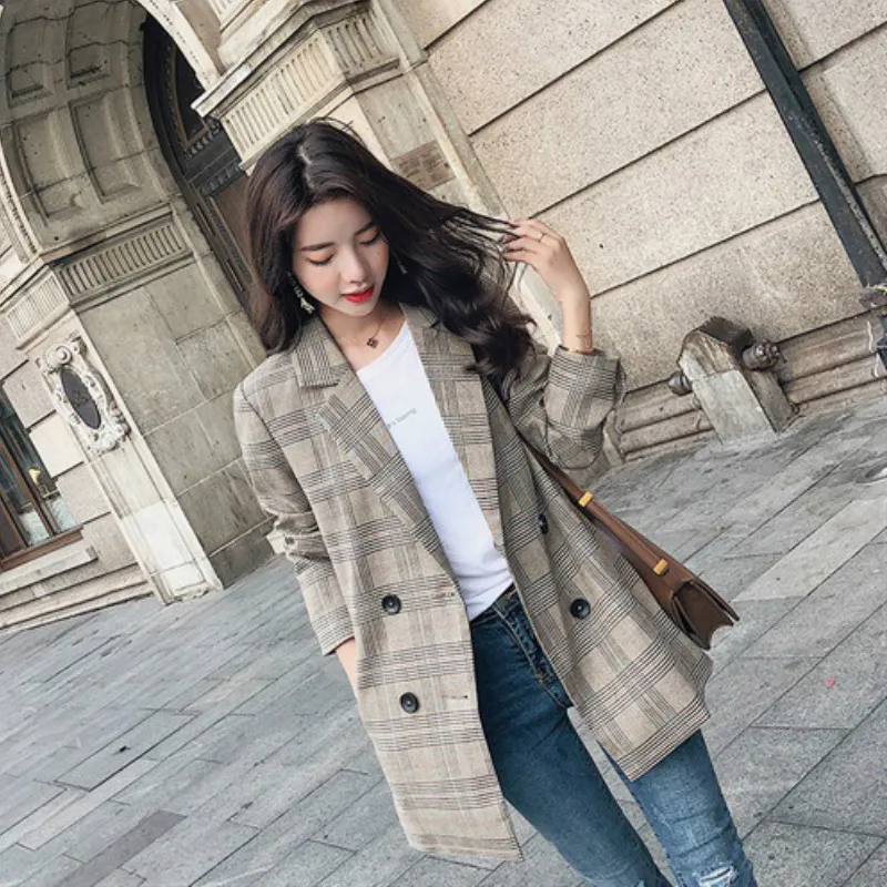 

Elegant women's jacket blazer top 2019 New Autumn Retro Double-breasted Long Sleeve Ladies Small Suit Casual jacket Female