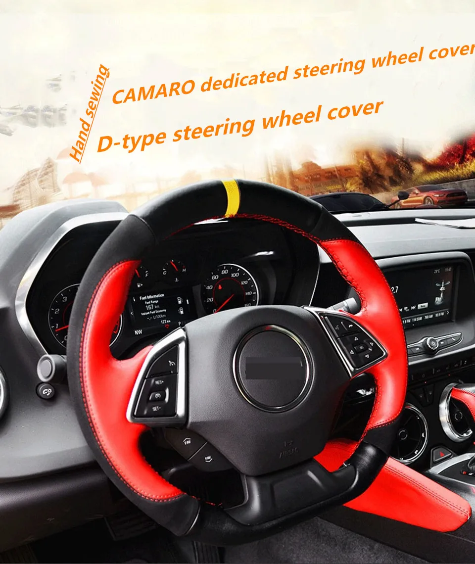 DIY Motion paragraph Genuine leather Hand-Stitched Car steering wheel cover For Chevrolet camaro- Car accessories