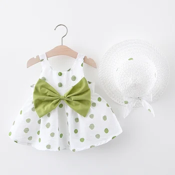 

Baby Girl Dress 2020 New Summer Girls Dress With Hat 2 Piece Baby Clothes Set Print Dot Bow Princess Beach Dress For 0-24M