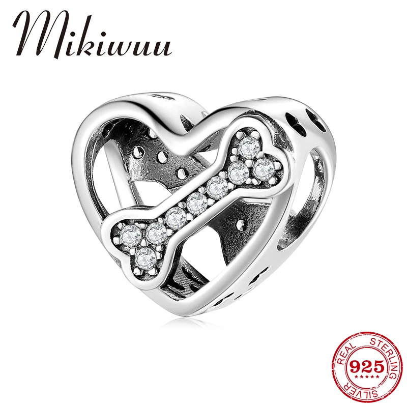 Hollow out 925 Sterling Silver Clear CZ Love Heart& Bone Charm Beads fit Pandora Bracelets DIY Original Silver 925 Jewelry