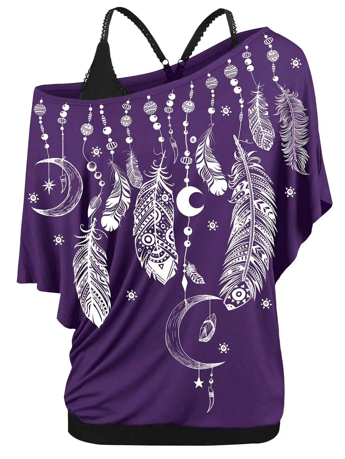 

Plus Size Skew Neck Feather Print T-shirt and Cami Women Top Twinset Bandage Short Sleeve Tshirt 2019 Summer