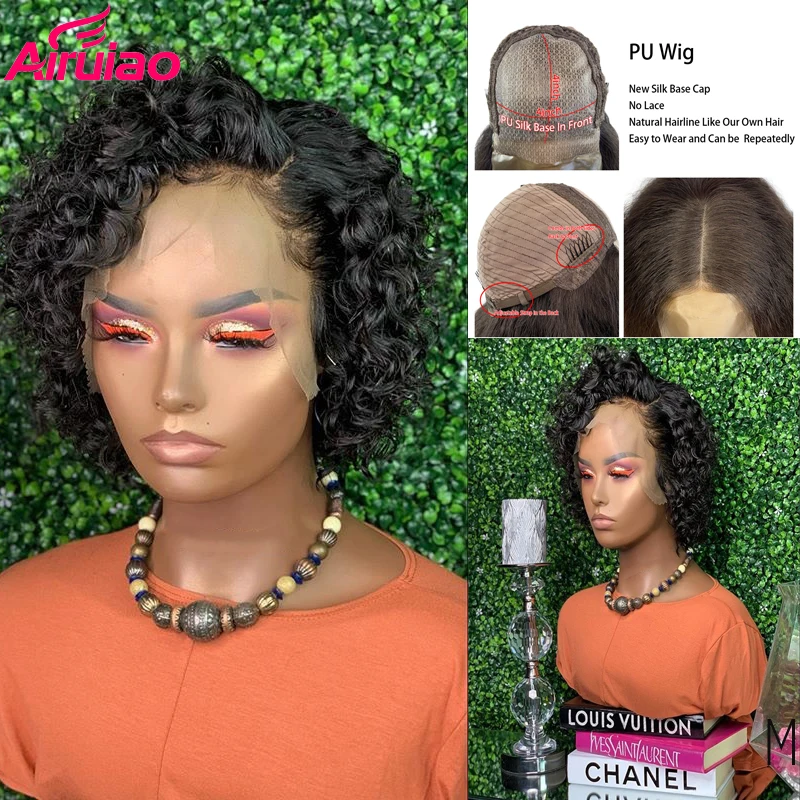 PU Silk Base Pixie Blunt Cut Short Curly Bob Wigs Top 360 Lace Frontal For Black Women Pre Plucked Baby Hair 150% Remy | Шиньоны и