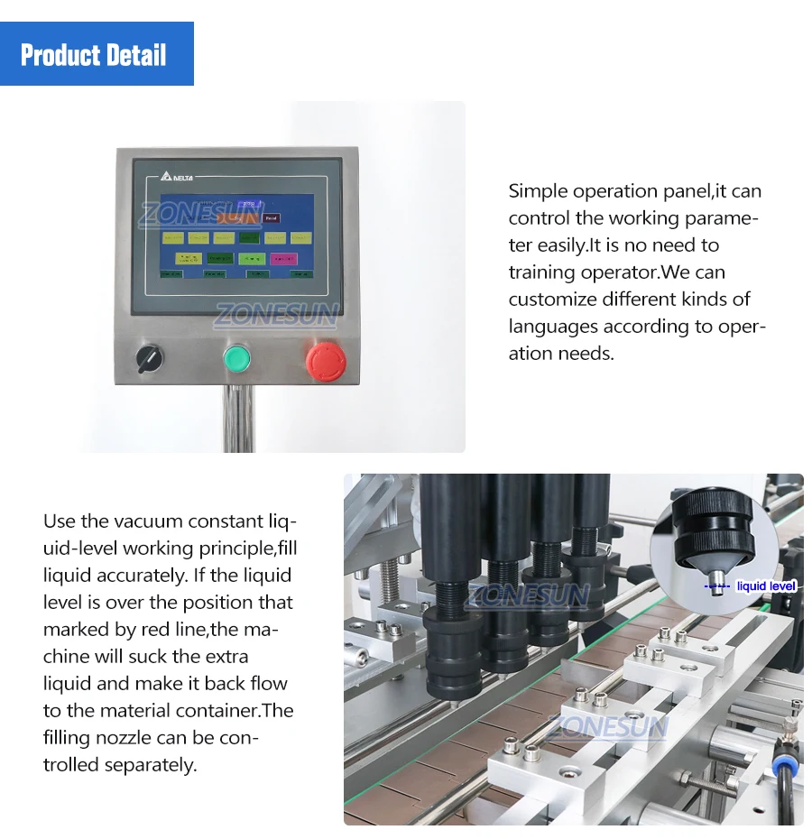 ZONESUN ZS-YTZL4A 4 Heads Vacuum Liquid Filling Machine Enolmatic Gravity Bottle Filler