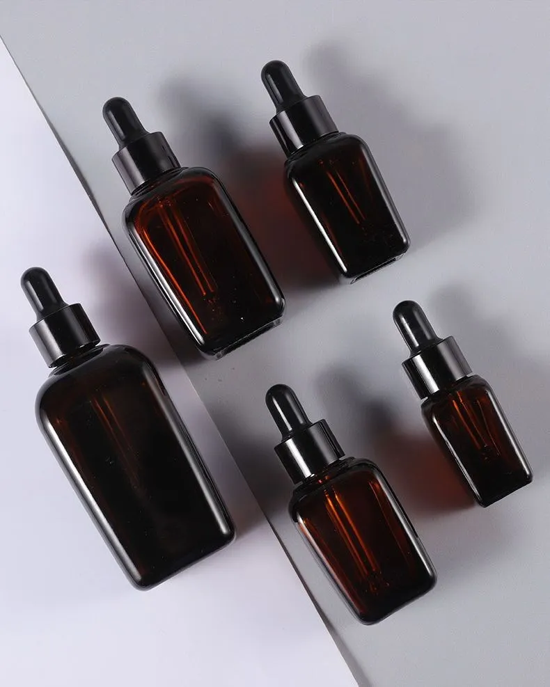 5pcs 10ml 20ml 30ml 50ml 100ml Square Amber Glass Dropper/Spary/Lotion Bottles Essential Oil Bottles With Glass Pipettes Jars 5