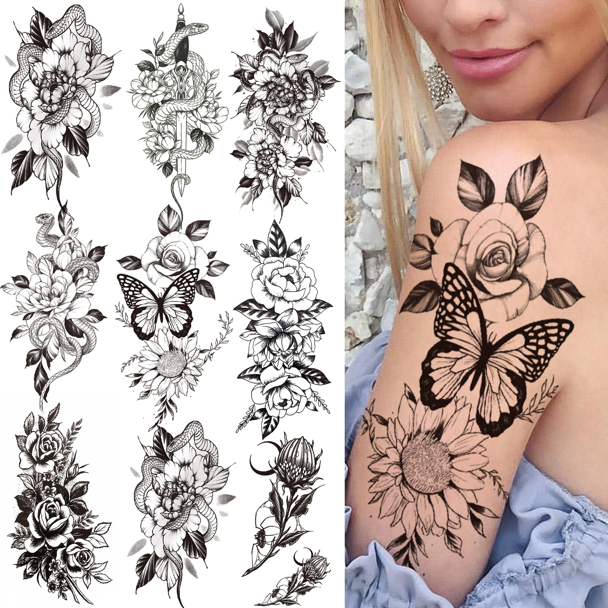 Tatouage Papillon Fleur Avant Bras Tatouage Temporaire De Papillon Fleur De Soleil Pour Femmes, Autocollant De  Pivoine De Serpent Noir, Faux Anéon Orchidée, Tatouages Sexy Pour Avant-bras  - Tatouages Éphémères - AliExpress