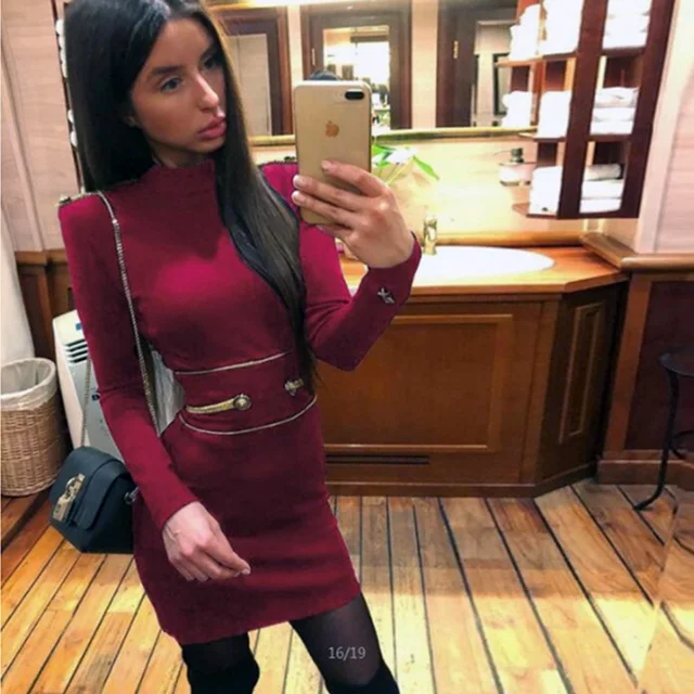 Amily.c Women Dress Bandage Above Knee O-Neck Bodycon Evening Party Dresses Club Wear Vestidos New Arrival Clothing - Цвет: Бургундия