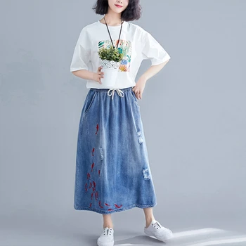 

Plus Size A-line Denim Long Maxi Skirts Women Drawstring High Waist Oversized Vintage Female Embroidery Art Loose Jeans Skirt
