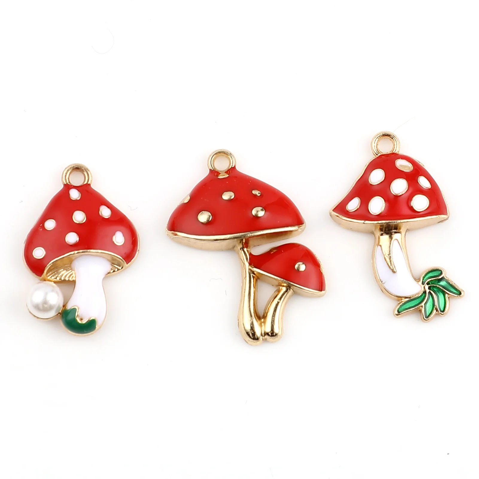 

10PCs Cartoon Red Enamel Mushroom Charms Zinc Alloy Enamelled Mushrooms With Imitation Pearl Pendants Gold Color Jewelry Finding