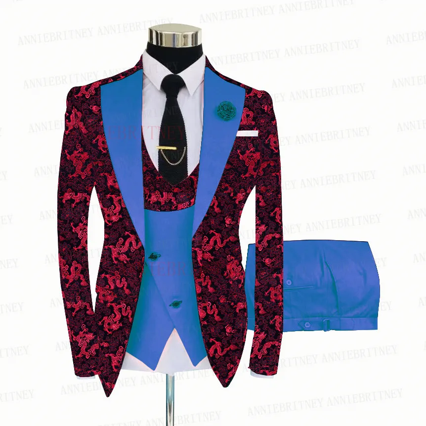Red Floral Jacquard Wedding Suit For Men 3 Pieces Tailored Shiny Blazer Masculino Slim Fit Tuxedo Set Conjuntos De Chaqueta