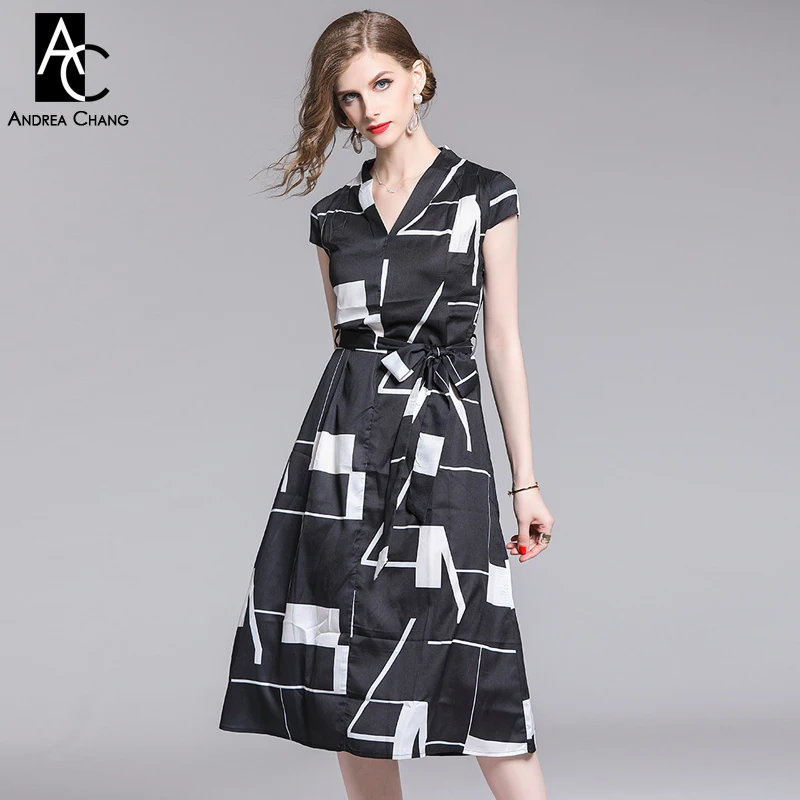 

M-XXL spring summer woman dress black white patchwork geometric pattern print dress with sashv-neck calf length casual dress