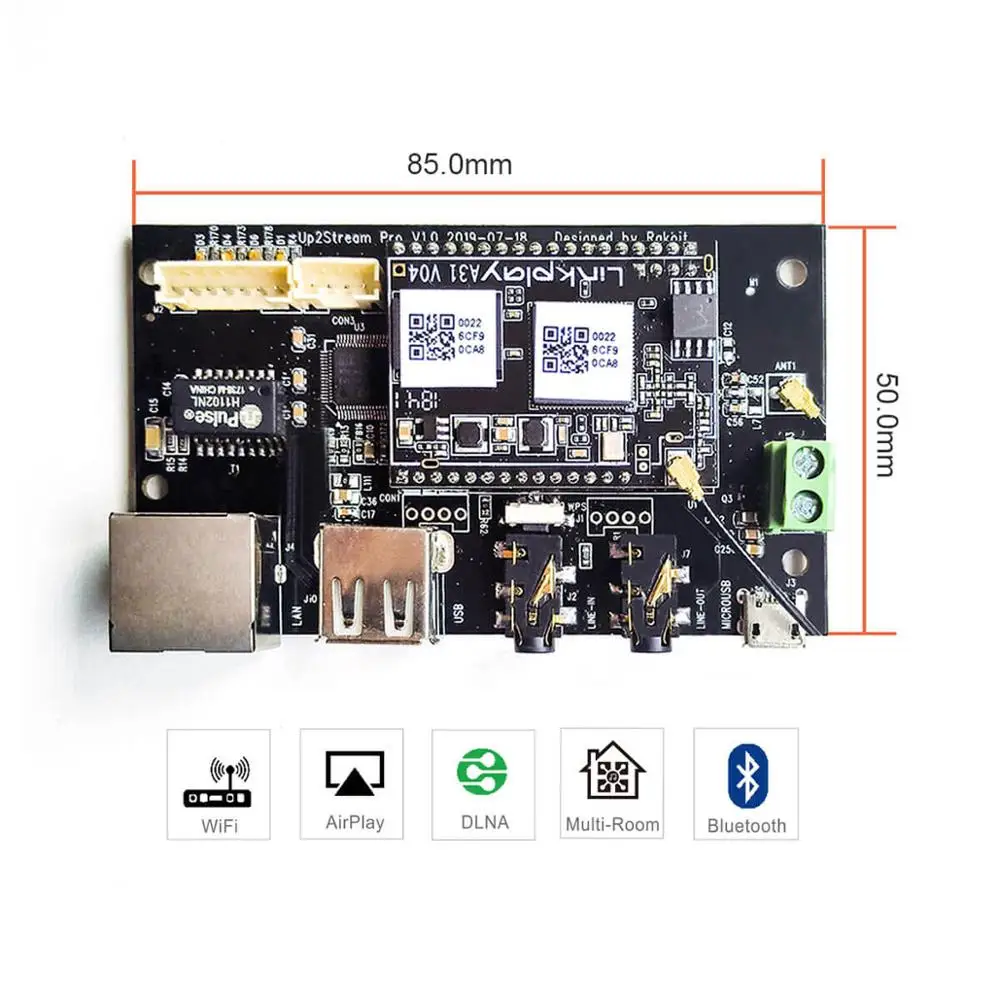 

Up2Stream Pro WiFi and Bluetooth 5.0 HiFi audio receiver board with spotify airplay dlna internet radio and streaming music.
