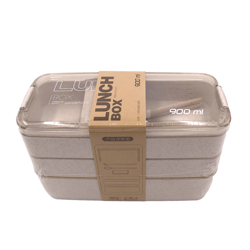 3 Слои Коробки для обедов здоровый Материал пшеничной соломы Bento Коробки микроволновая посуда Еда контейнер для хранения 900 мл - Цвет: White