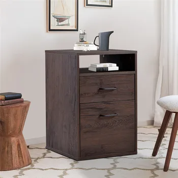 

File Cabine MDF Vertical Filing Cabinet With 2 Drawers Walnut Large Storage Space For Office File Keep Without Lock Smooth Pull