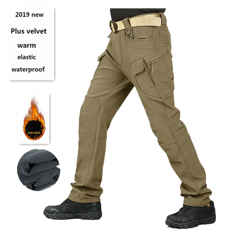 2019Men's флисовые тактические брюки зимние теплые брюки карго Военные флисовые рабочие брюки Акула кожа толстые теплые водонепроницаемые брюки