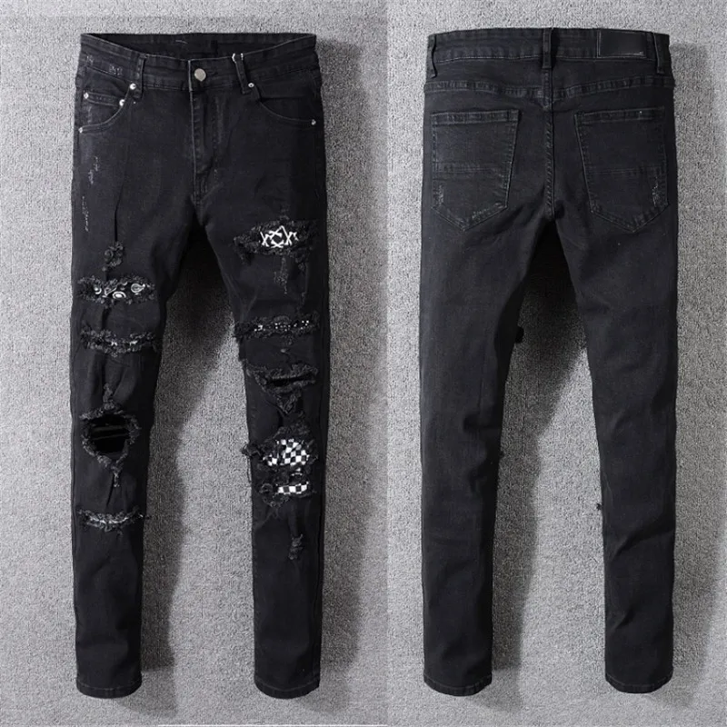 

2019 New arrived Men's Distressed Destroyed Pants Art Crytals Patches Skinny Black Jeans Slim Trousers Size 29-40