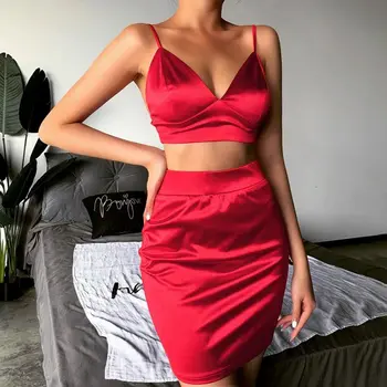 

Ladies fashion suit 2020 summer new suspenders skirt two-piece sexy deep V suspenders + high waist skirt Women dress