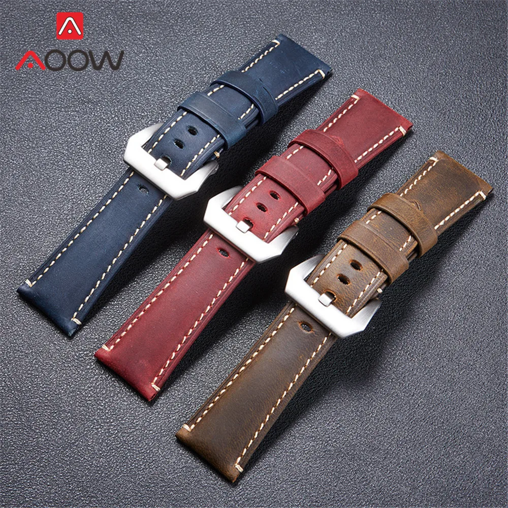 

22mm 24mm 26mm Blue Brown Red Vintage Crazy Horse Genuine Leather Watchband Men Sport Strap Wrist Band Bracelet Belt Accessories